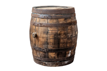Weathered wooden barrel Refers to an adventure story. Isolated on a white background.