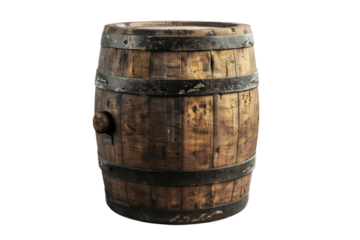 Weathered wooden barrel Refers to an adventure story. Isolated on a white background.
