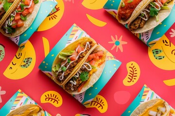 Colorful Tacos With Toppings Served on a Red and Yellow Patterned Paper
