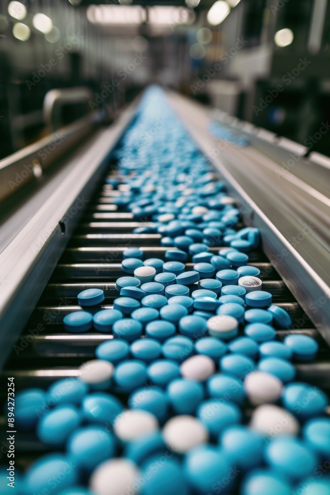 Poster this image depicts an automated pharmaceutical assembly line where tablets are produced in a control