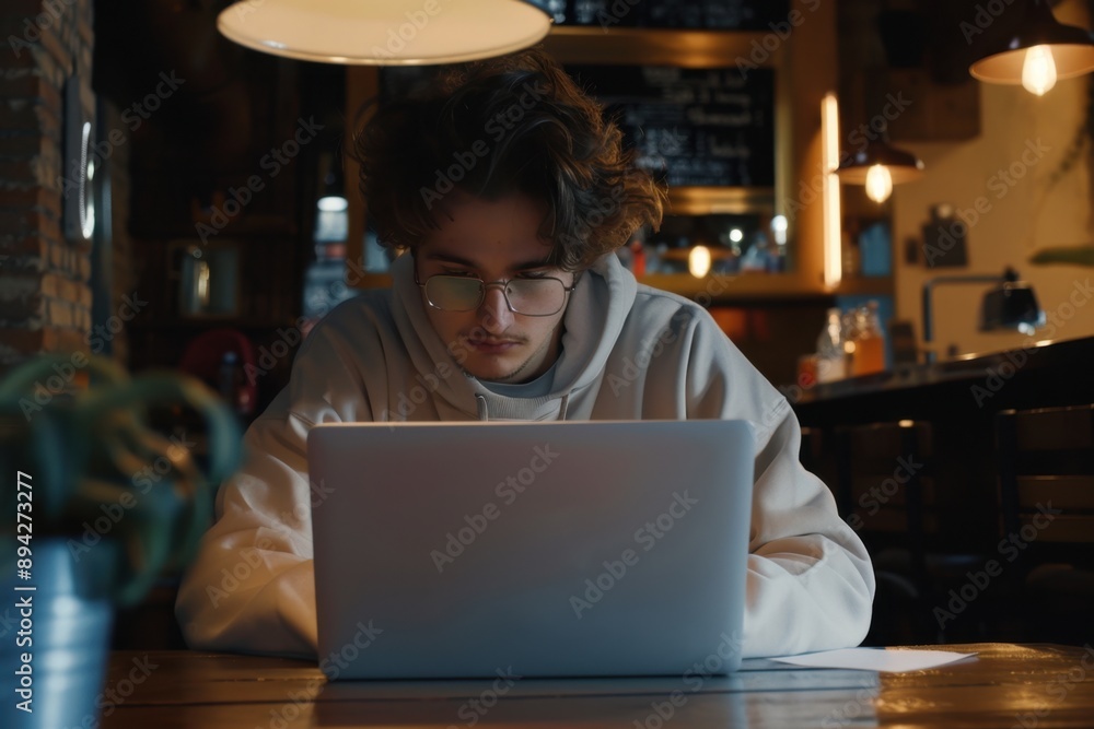 Poster a man working on a laptop computer in a dimly lit cafe at night. he is sitting at a table, illuminat