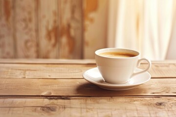 A warm and inviting photograph of a cup of coffee on a rustic wooden table. The coffee, served in a white cup with a matching saucer, sits in soft, natural light streaming from the right, highlighting