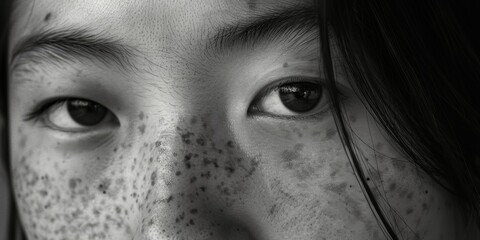 Fototapeta premium Asian woman's close-up profile with subtle facial markings.