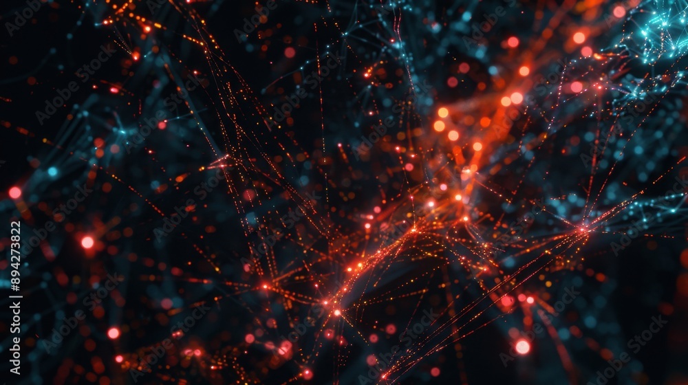 Poster glowing strands form a complex network, symbolizing connectivity and digital communication.