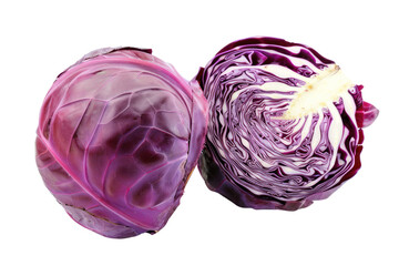 Obraz premium Whole red cabbage Cut it in half to reveal the purple layer. Isolated on a white background.