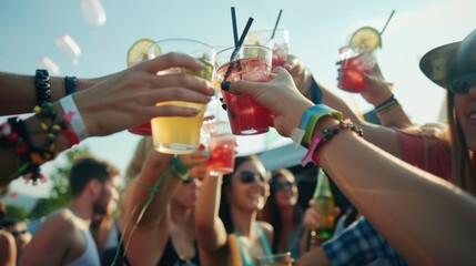 Group of people enjoying drinks and celebrating together. A cheerful event with friends sharing a toast with champagne glasses.