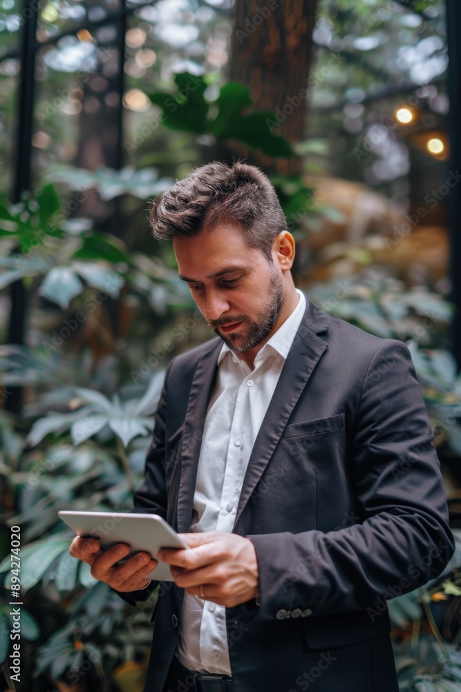 Poster man in business attire focused on a tablet computer, possibly reviewing documents or analyzing data,