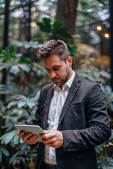 Fototapeta premium Man in business attire focused on a tablet computer, possibly reviewing documents or analyzing data, set within an urban indoor environment.