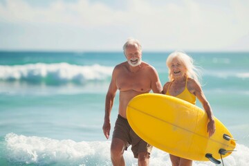 An elderly couple enjoys a day at the beach, carrying a bright yellow surfboard. The man, shirtless, and the woman in a yellow swimsuit, both exude joy and vitality as they walk along the shoreline wi
