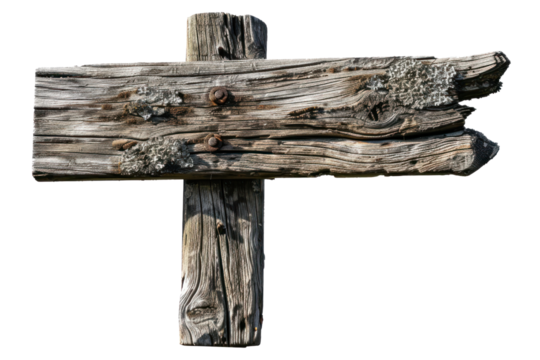 Weathered wooden sign for hiking trails Isolated on a white background.