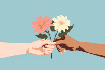 Unity through diverse hands holding flowers
