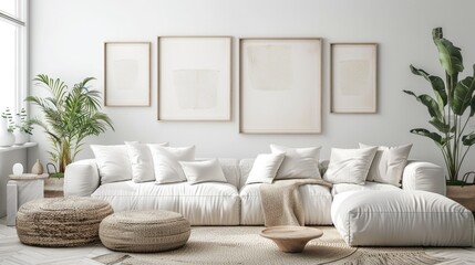 Naklejka premium Empty frames and a white wall in a modern boho living room.