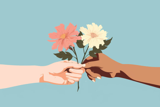 Unity through diverse hands holding flowers