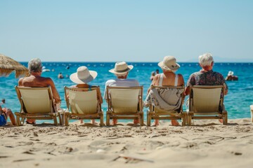 Five elderly people, four women and one man, sit on beach chairs, enjoying a sunny day at the beach. The women are wearing wide-brimmed hats, and the man has a straw hat. They face the clear blue ocea
