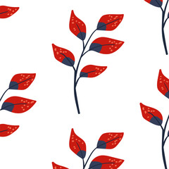 Seamless pattern. Simple Plant. Simple red plant. White background. Decorative ornament in Scandinavian style. Hand drown. Flat vector illustration