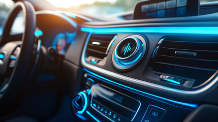 Naklejka premium Futuristic car interior with illuminated dashboard and steering wheel.