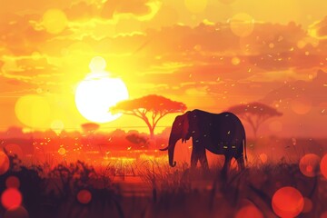 Silhouette of an elephant standing against a vibrant golden sunset in a serene savanna landscape