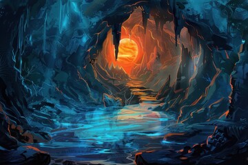 Bioluminescent cavern with lava river and distant sun