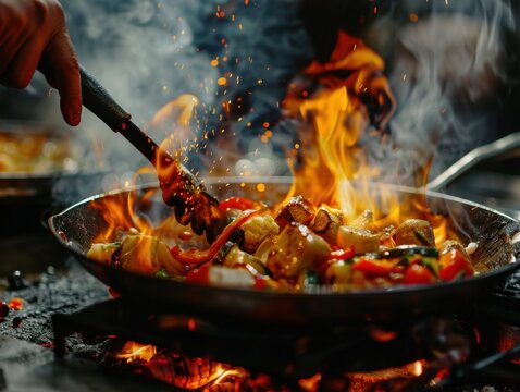 A hand stirring a pan of food that's cooking over fire, creating a sense of warmth and home-cooked goodness.