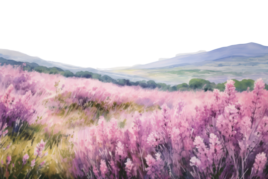 A bright watercolor painting of a heather flower field. Isolated on a white background