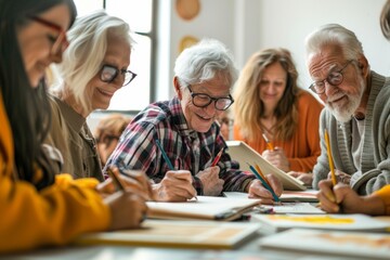 Seniors engaging in a lively painting class, a group of elderly people of European descent creating artwork on canvases. senior creativity, art therapy, painting workshop, elderly engagement, Concept: