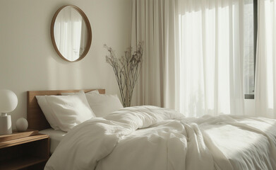 Cozy bedroom with sunlight filtering through white curtains.