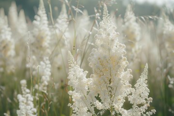A field of tall grass with a few wild flowers blooming.
