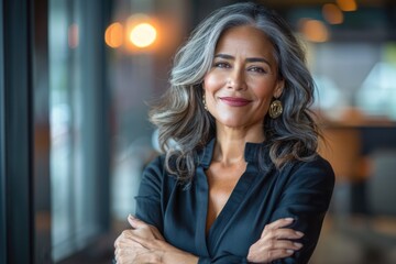 Obraz premium Confident Hispanic senior businesswoman with crossed arms smiling.