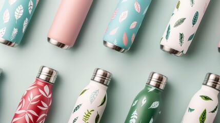 Reusable water bottles made from stainless steel with leaf patterns, eco-friendly, Sustainable promotional products, Nature-inspired design