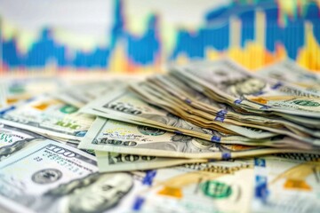 Pile of US dollars with financial graph in background.