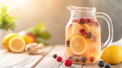 Homemade lemonade in a glass jug with frozen berries, sunlit kitchen table, perfect for a non-alcoholic, refreshing drink