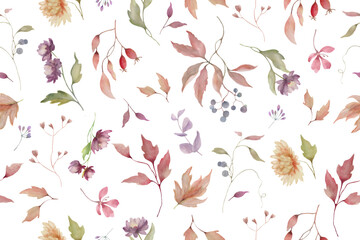 Seamless watercolor pattern. Hand drawn autumn floral illustration isolated on white background.