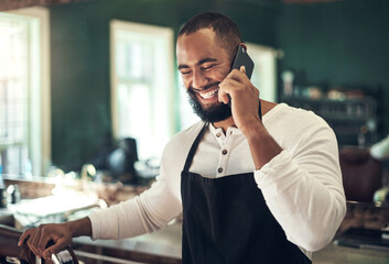 Barber, smile and man with phone call at work for client, consulting and booking information. Stylist, customer support and person with tech in spa for appointment, discussion and small business