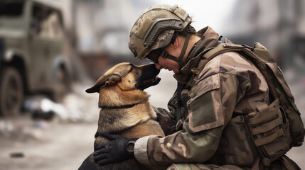 Fototapeta premium Soldier in military gear kneeling and sharing a tender moment with a service dog, background of blurred vehicle and debris.