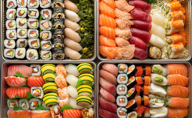 Assorted sushi rolls neatly arranged in takeout boxes.
