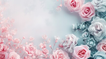 Dreamy illustration of pink and blue roses, embodying soft vintage fantasy and ethereal beauty