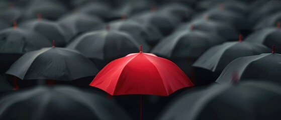 Crowd of people with black umbrellas, one red umbrella standing out, Daring to be different, Bold uniqueness