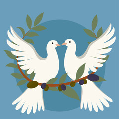 Illustration of two doves sitting on an olive branch 