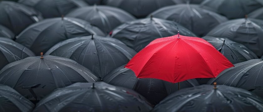 City street filled with black umbrellas, single red umbrella prominently visible, Daring to be different, Individuality in business