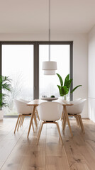 Dining room interiors with a dinning table next to a large window in neutral colors. Residential interiors design composition, home decor image.