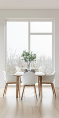 Fototapeta premium Dining room interiors with a dinning table next to a large window in neutral colors. Residential interiors design composition, home decor image.