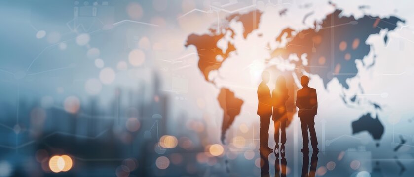 Business executives planning a global expansion with world map overlay, Planning, Strategic enterprise growth