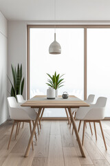 Dining room interiors with a dinning table next to a large window in neutral colors. Residential interiors design composition, home decor image.