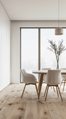 Fototapeta premium Dining room interiors with a dinning table next to a large window in neutral colors. Residential interiors design composition, home decor image.