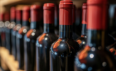 Bottles of wine with red caps neatly lined up in a wine cellar.