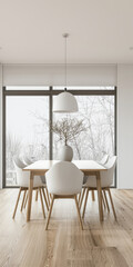 Fototapeta premium Dining room interiors with a dinning table next to a large window in neutral colors. Residential interiors design composition, home decor image.