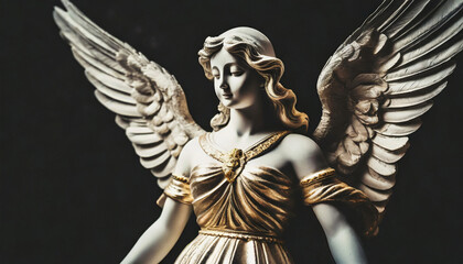 Obraz premium Closeup of detailed marble female angel statue with wings against dark background. Woman sculpture