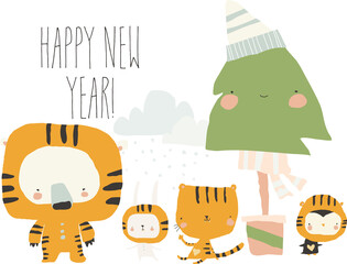 Cute Cartoon Animals celebrating New Year wearing Tiger Costumes. Vector Illustration