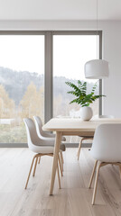 Dining room interiors with a dinning table next to a large window in neutral colors. Residential interiors design composition, home decor image.
