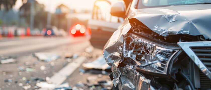 Car with a smashed front end, accident impact, traffic disruption